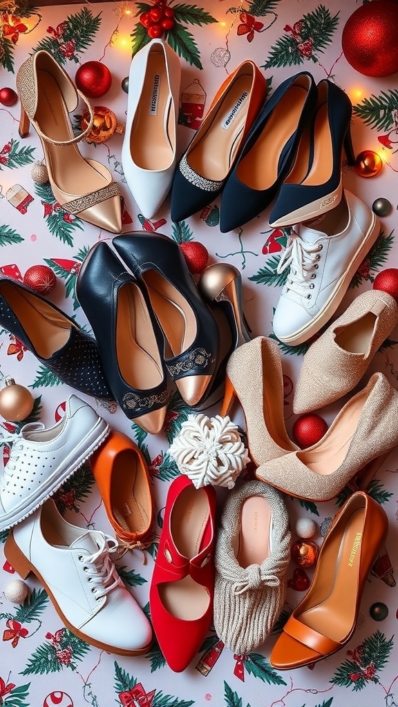 Stylish Shoe Gift Ideas for Christmas Wishlist A collection of stylish shoes including heels, sneakers, and boots on a festive holiday background.